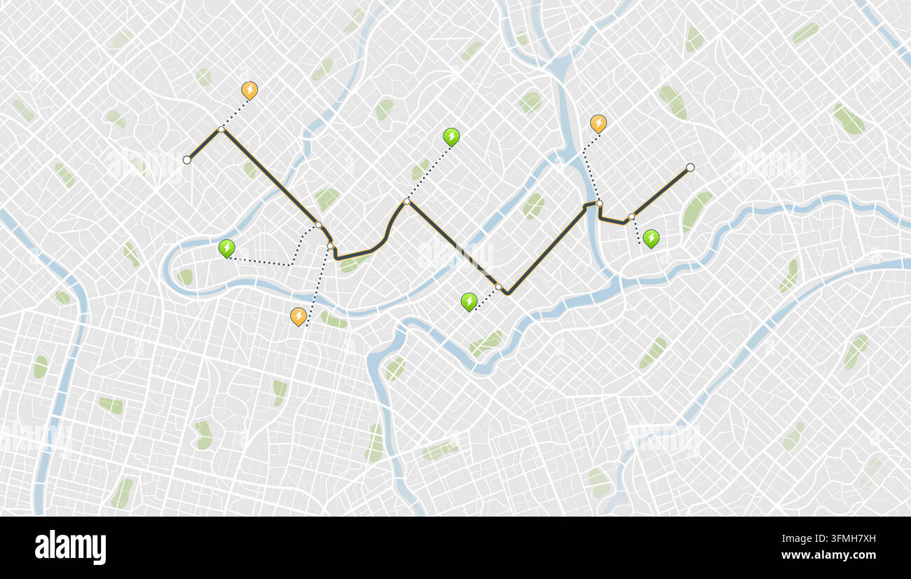 Flexible charging solutions, public charging for electric vehicles. Public charging stations available along route. Select the most convenient route Stock Vector