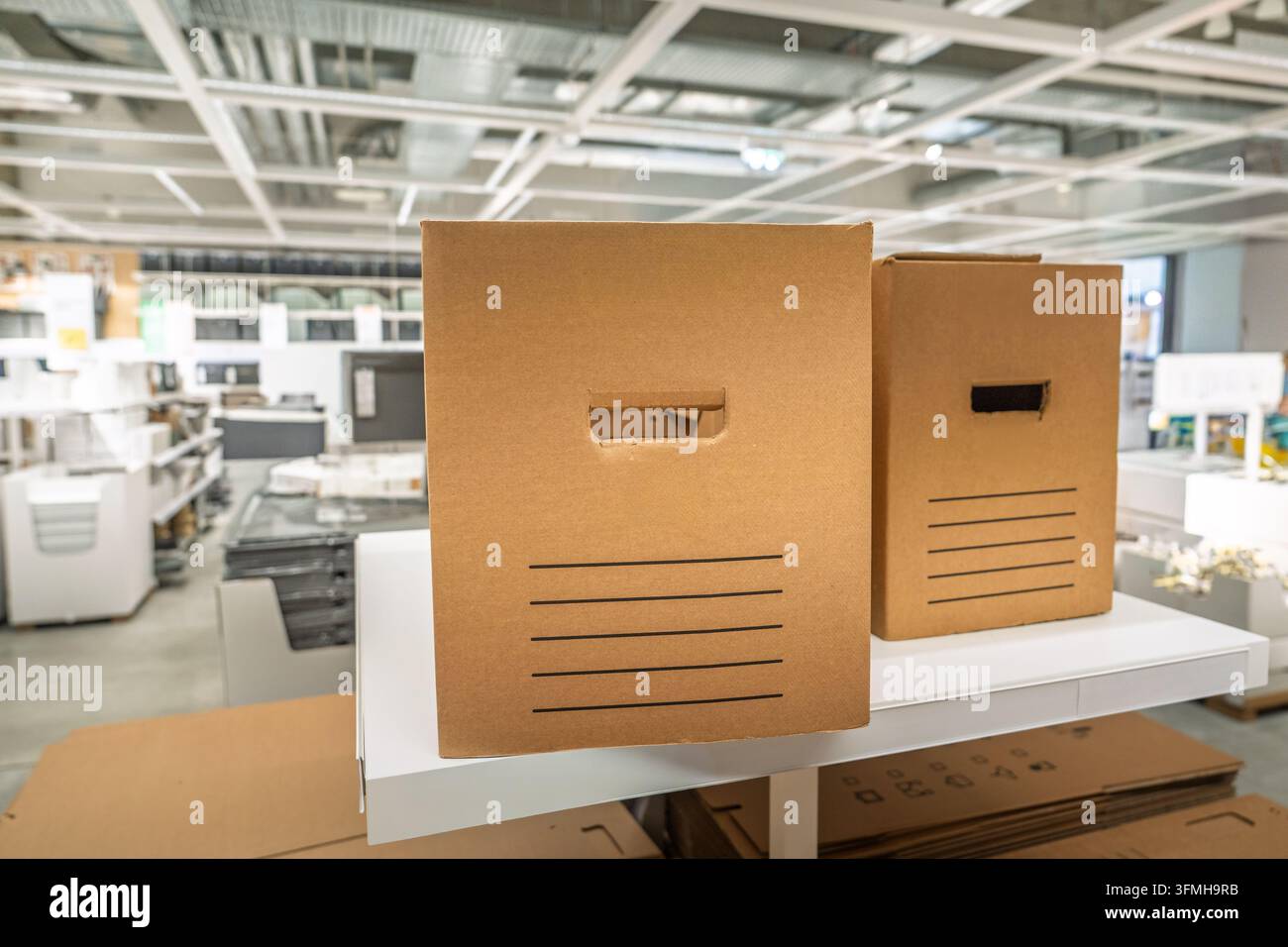 Two brown cardboard storage boxes with integrated handles sitting on a white retail display shelf inside a large furniture warehouse store, representi Stock Photo