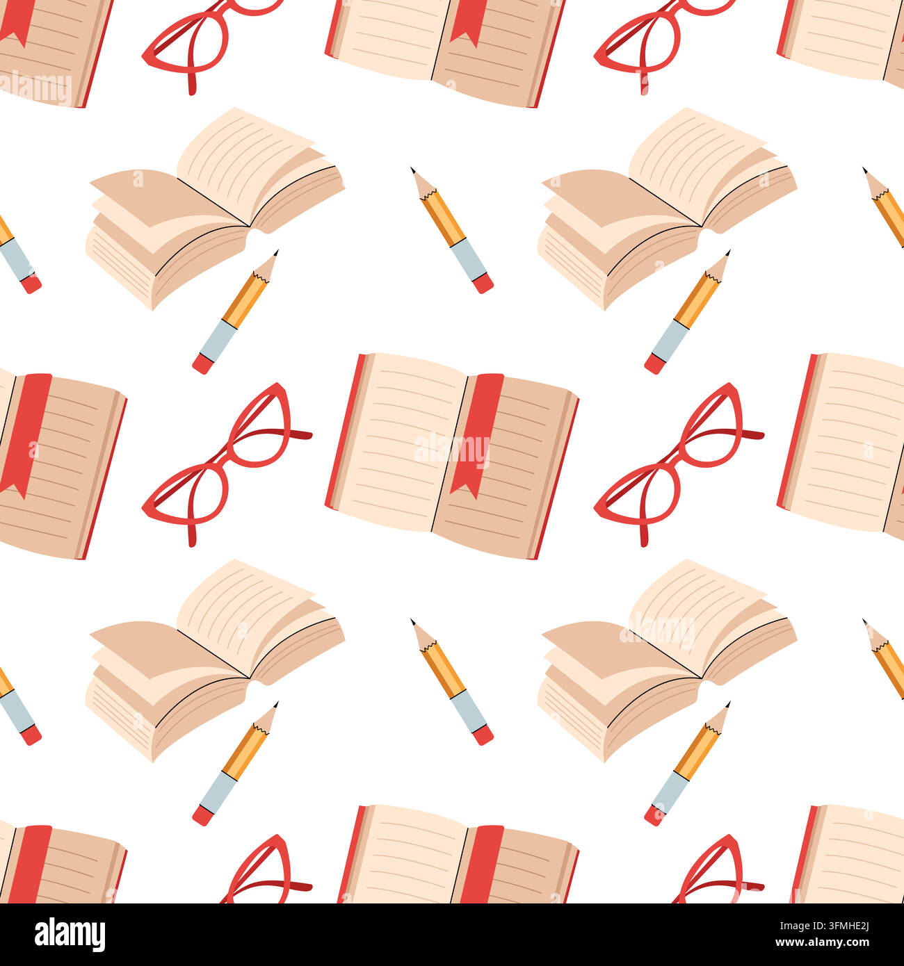 Seamless pattern with open books pencils and eyeglasses back to school backgroun flat Stock Vector