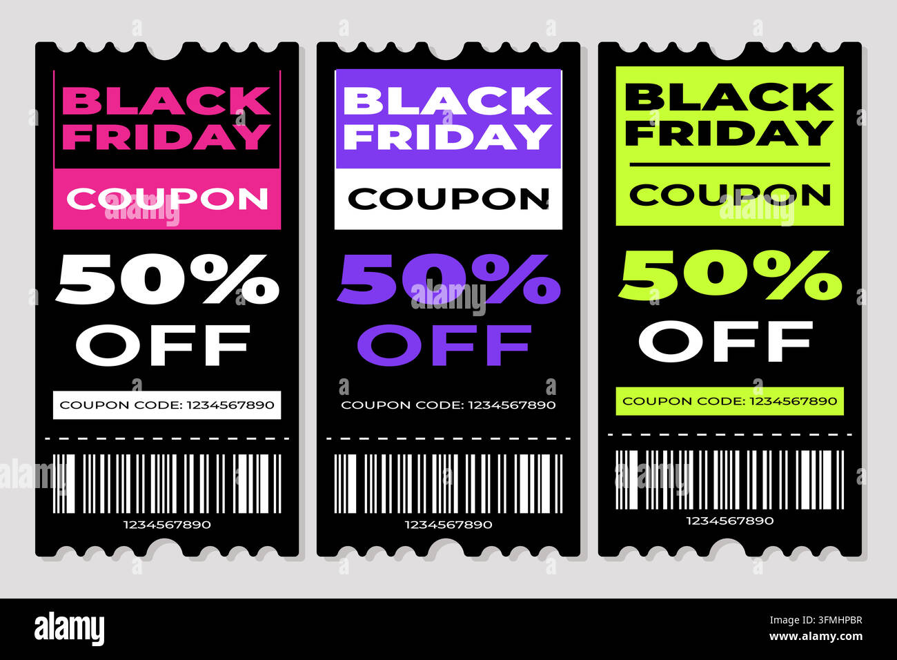 Set of vertical Black Friday sale coupon templates in three bold color ...