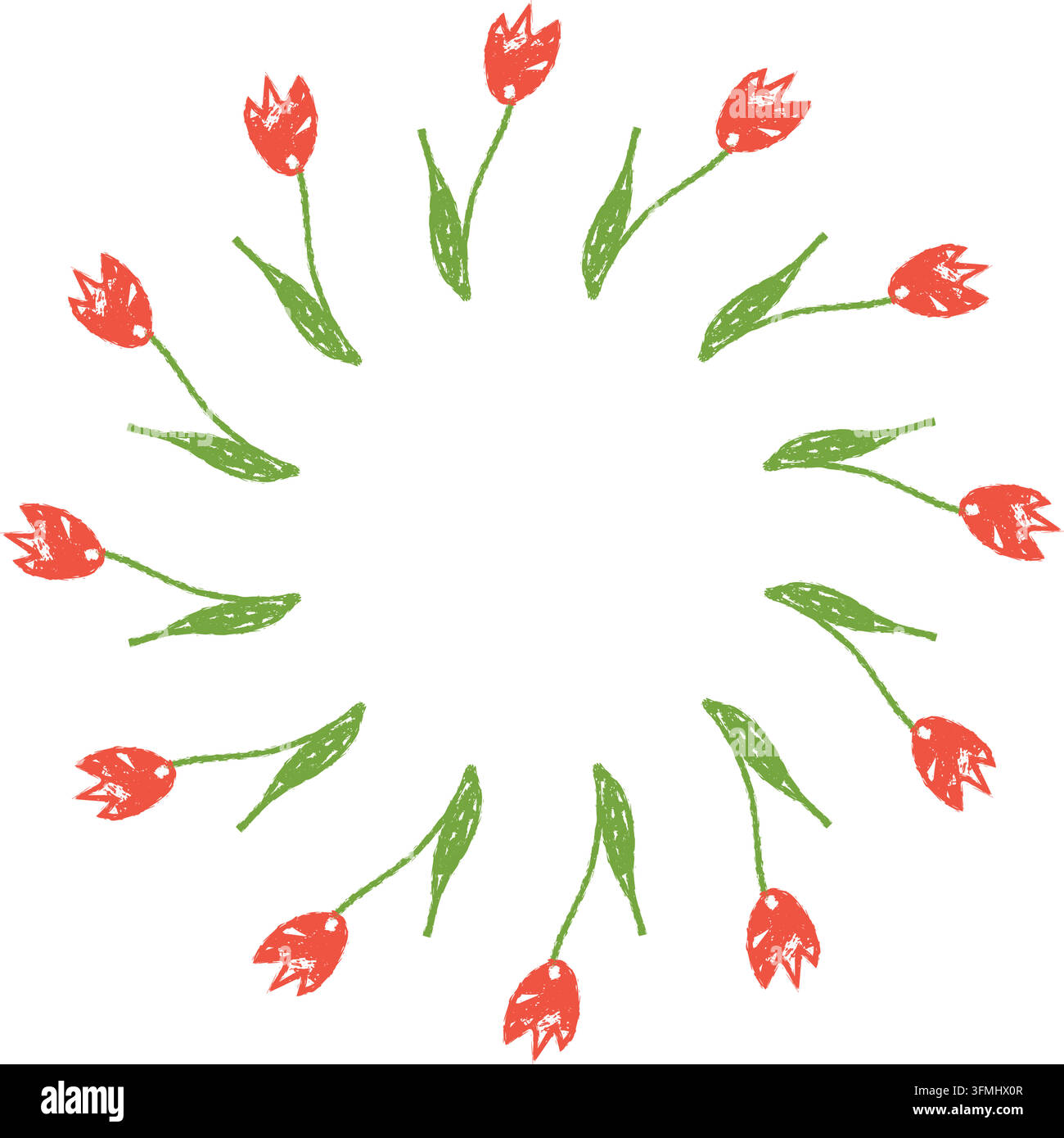 Circular wreath of red tulip-style flowers with green stems and leaves ...