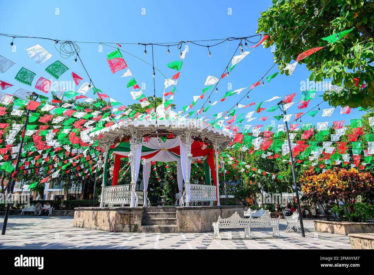 Colonial-style gazebo decorated in Mexican colors in a small town ...