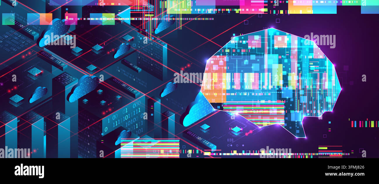 Futuristic AI brain and data center isometric. Vector illustration ...