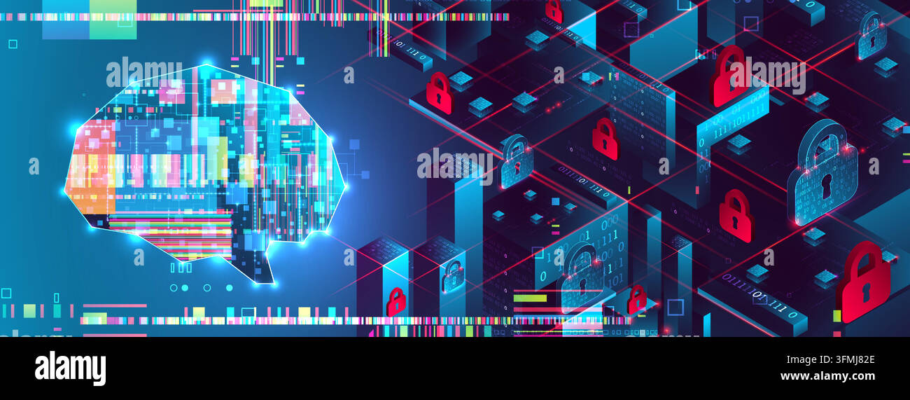 Futuristic AI brain and data center isometric. Vector illustration ...
