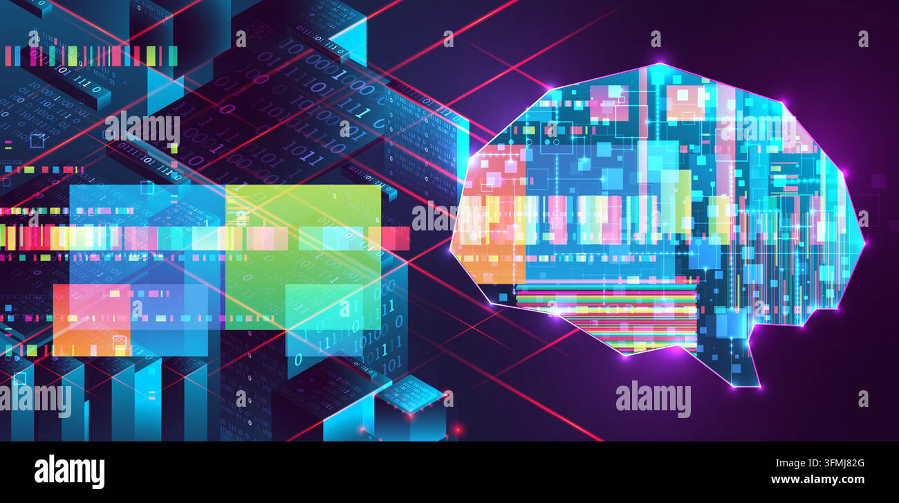 Futuristic AI brain and data center isometric. Vector illustration ...