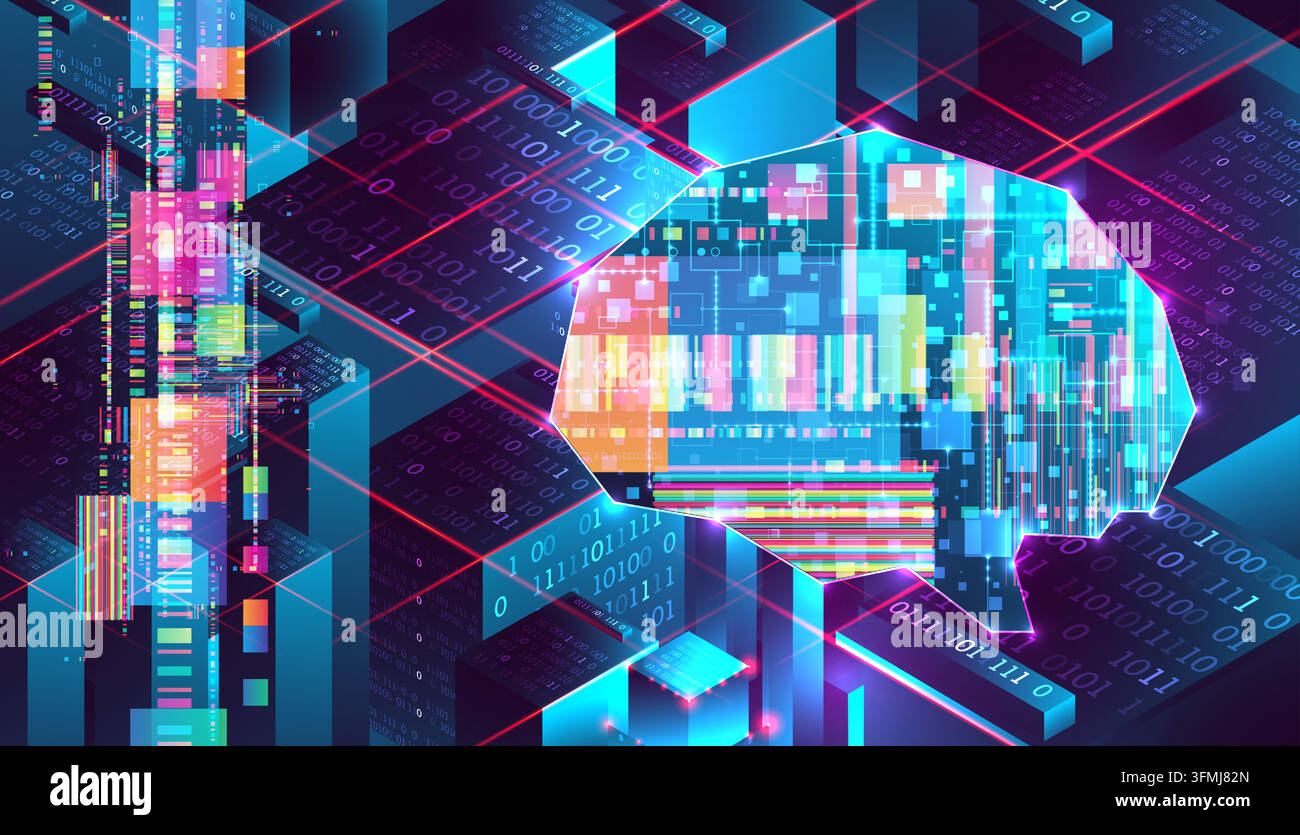 Futuristic AI brain and data center isometric. Vector illustration ...