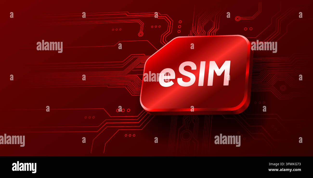 Digital eSIM technology concept with a glowing red button and abstract ...