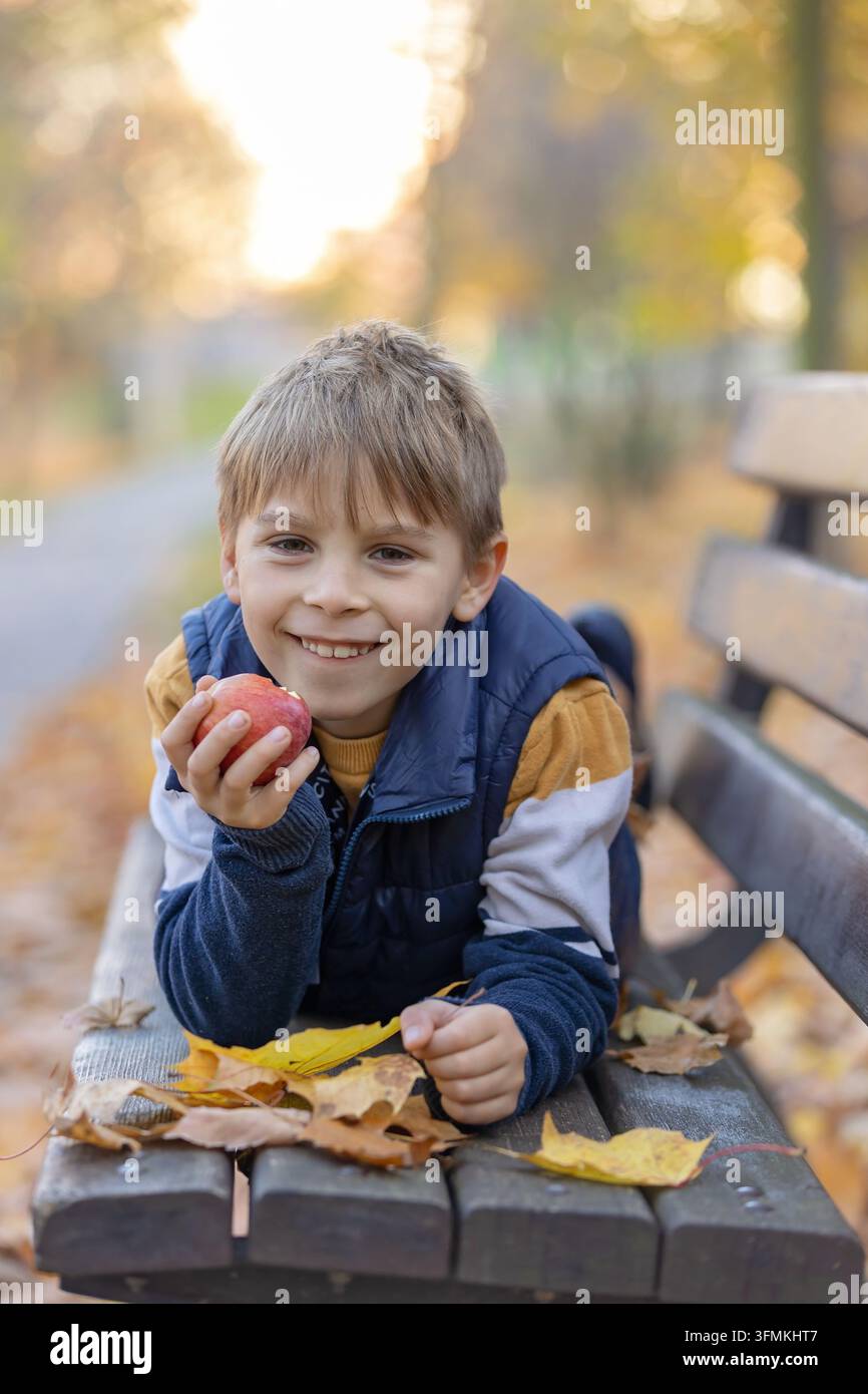Cute little child, sweet boy in a park, sitting on a bench and in the ...