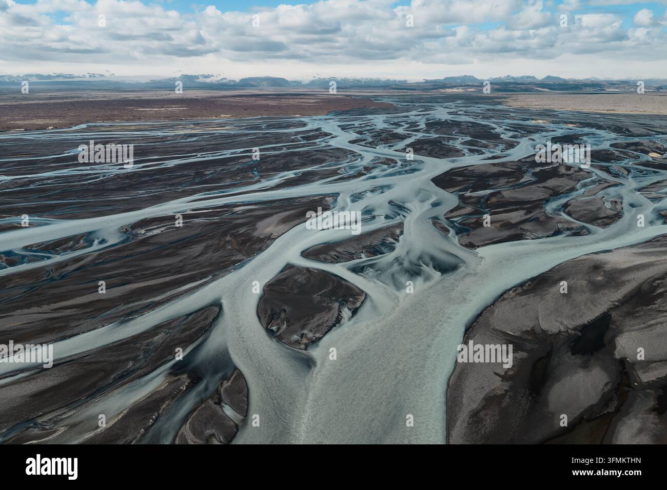 Aerial view of the intricate braided river system flowing through the ...