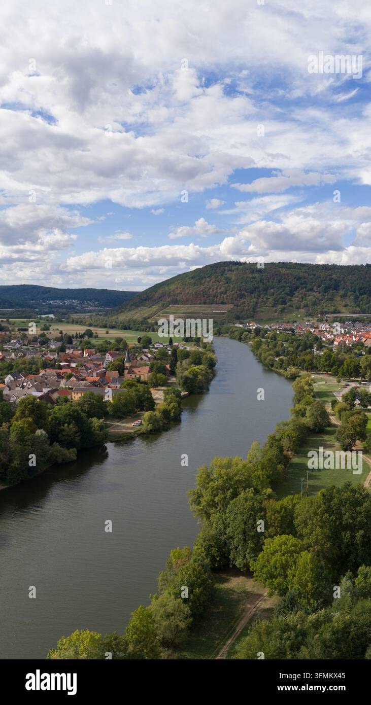 Aerial view of the River Main flowing through the town of Kleinheubach ...