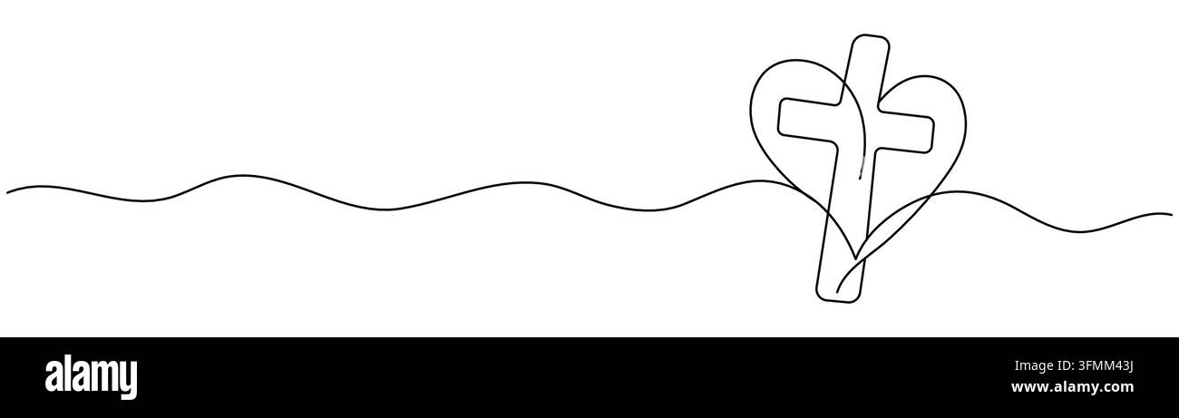 Christian Cross and Heart One Line Drawing with Editable Stroke Stock ...