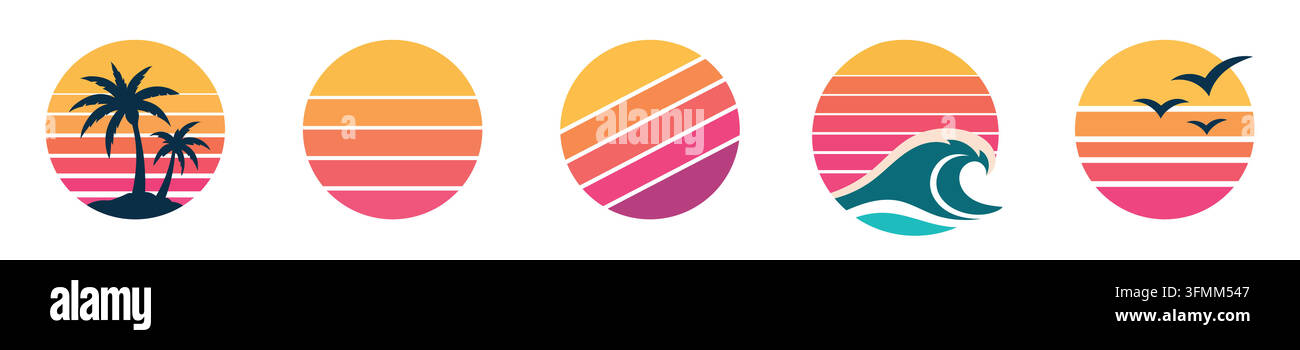 Retro Sunset and Tropical Landscape Icon Set Stock Vector Image & Art ...