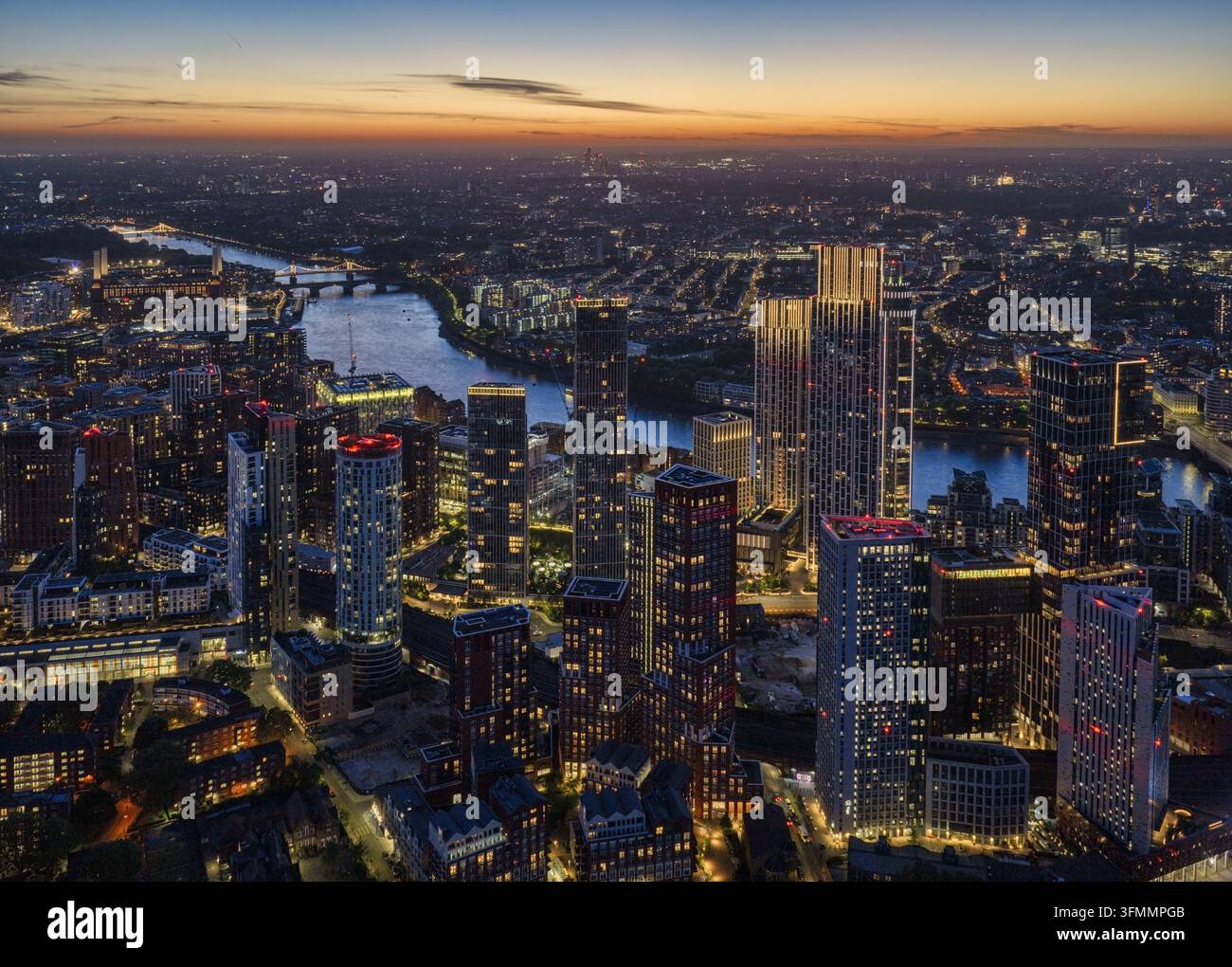 Aerial view of the modern Vauxhall skyline with illuminated skyscrapers ...