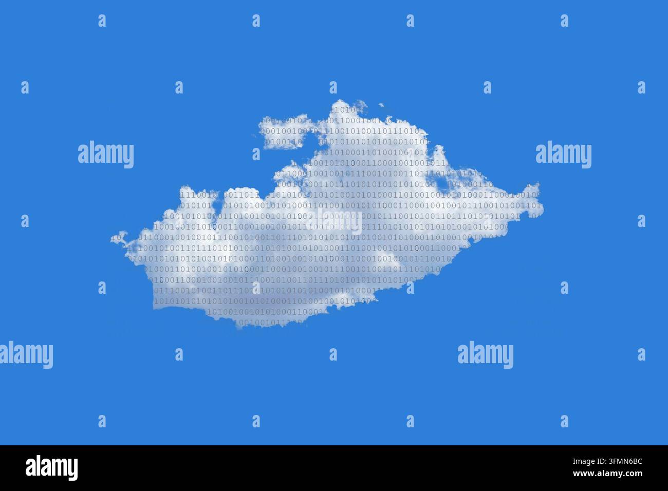 Cumulus cloud with binary data against blue sky. Cloud computing concept Stock Photo