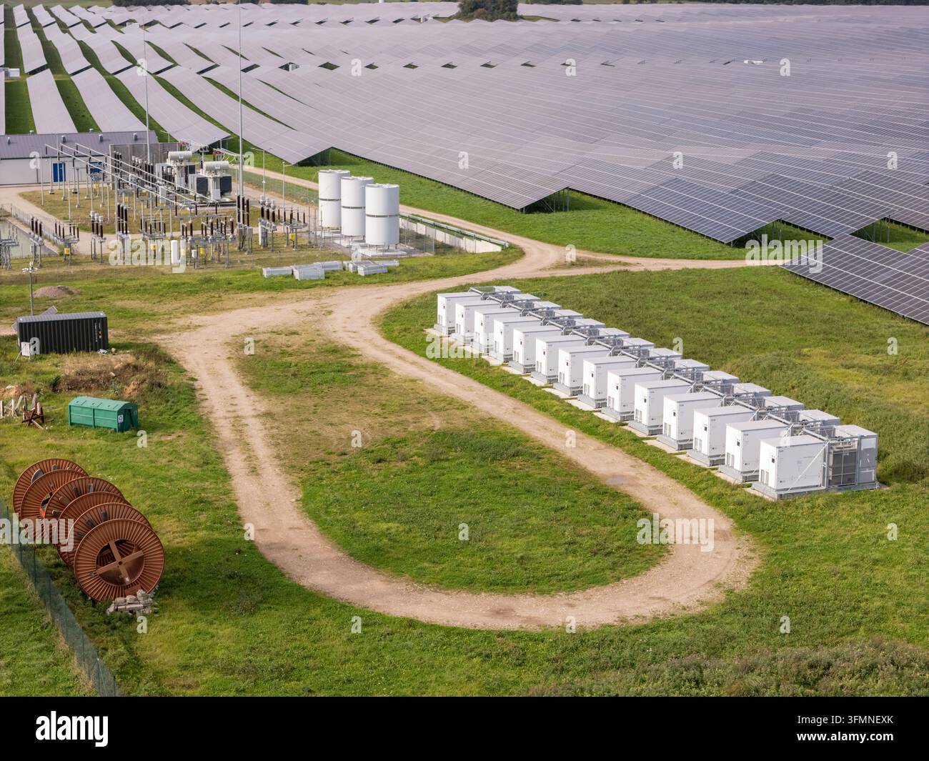 Aerial view of the BESS battery energy storage system with rows of ...