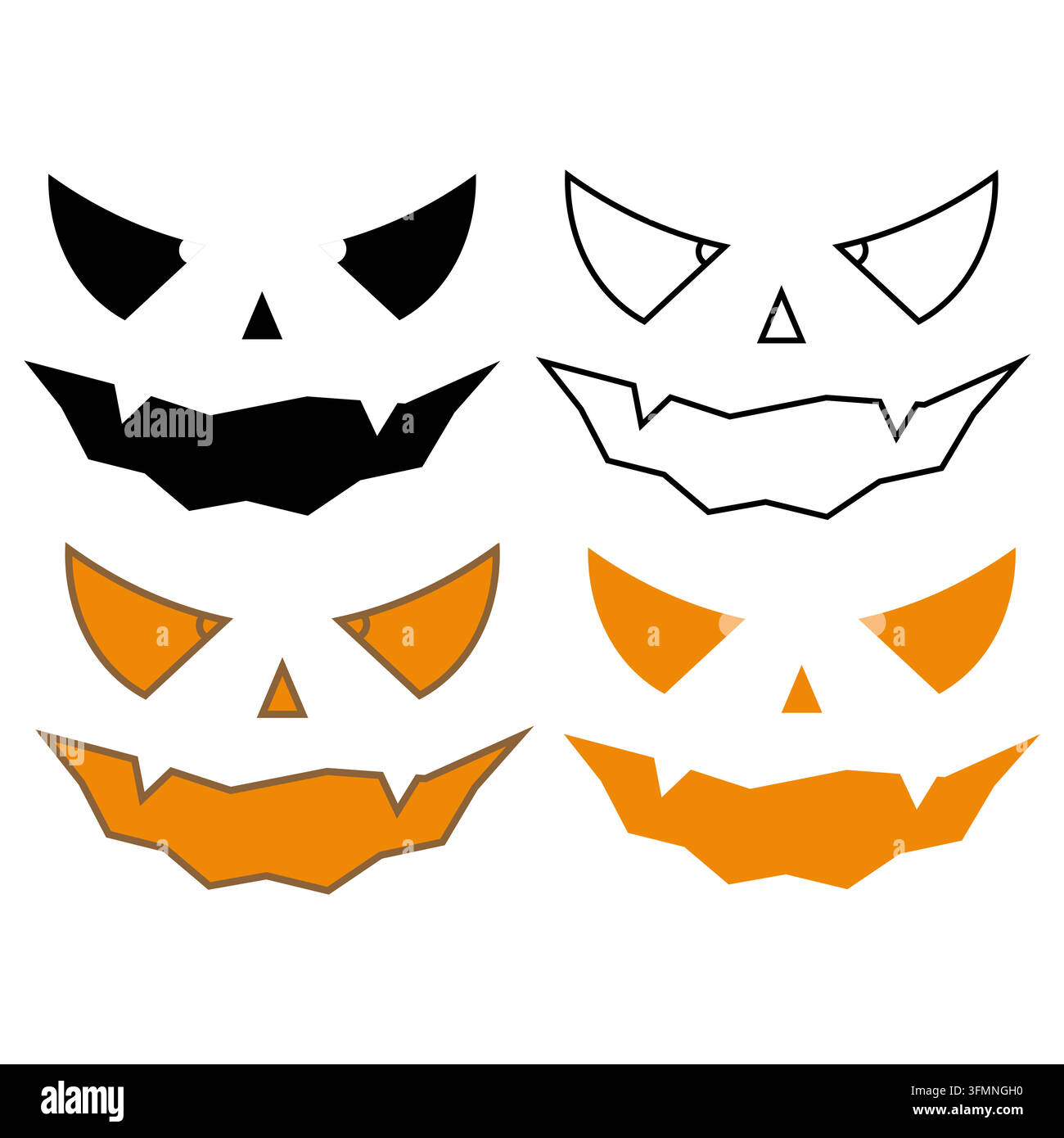 Halloween pumpkin faces illustration vectors set. Spooky Jack-o-lantern expressions with silhouette and line art styles isolated on white background f Stock Vector