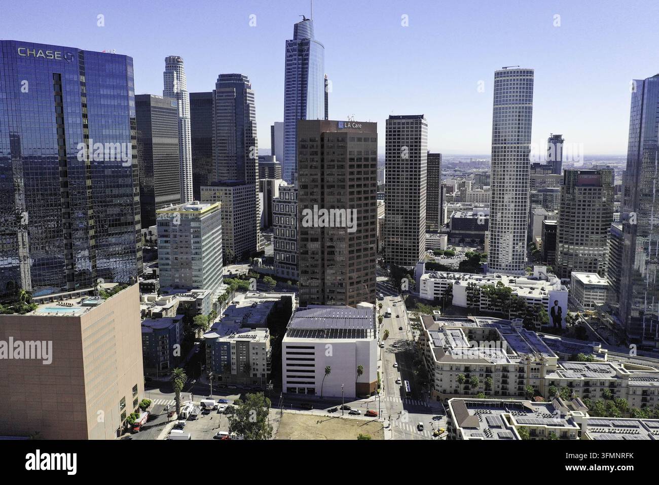 Aerial view of downtown Los Angeles office buildings featuring a ...