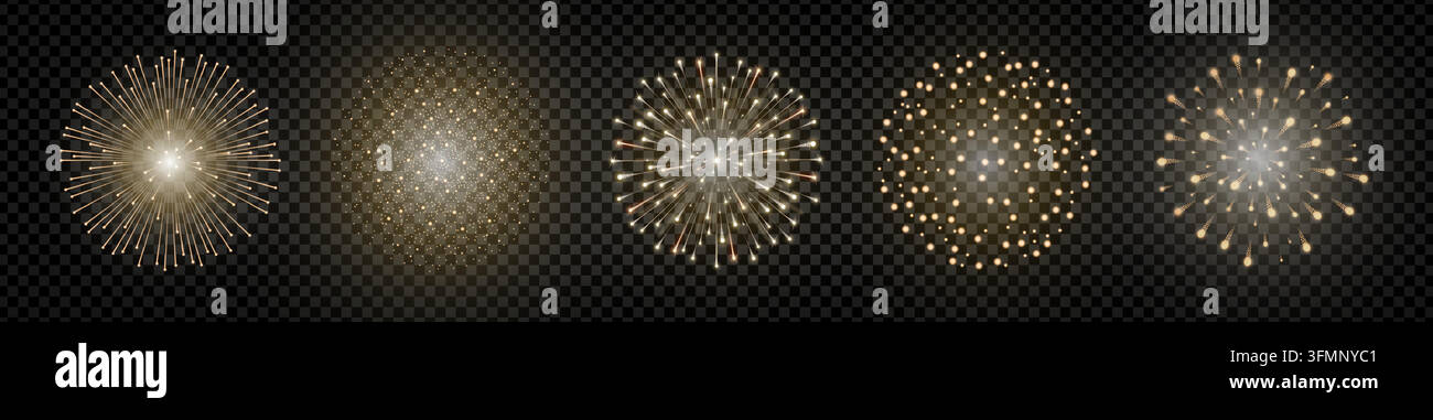 Golden realistic fireworks pack isolated on transparent background ...