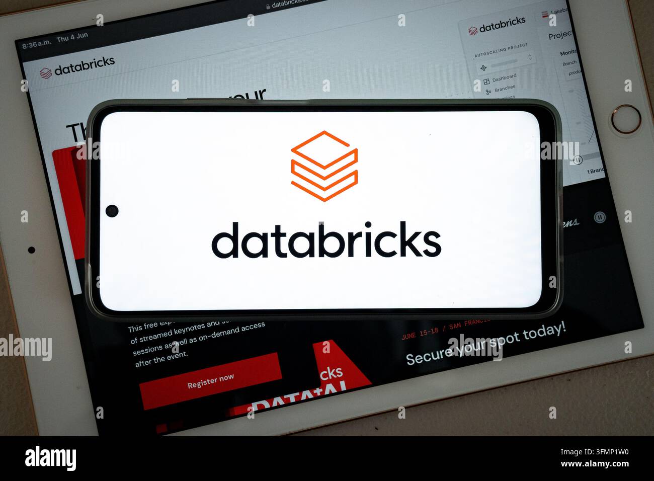 Mexico city, mexico, 06 04 2026, databricks software logo displayed on a mobile phone screen on top of a tablet Stock Photo