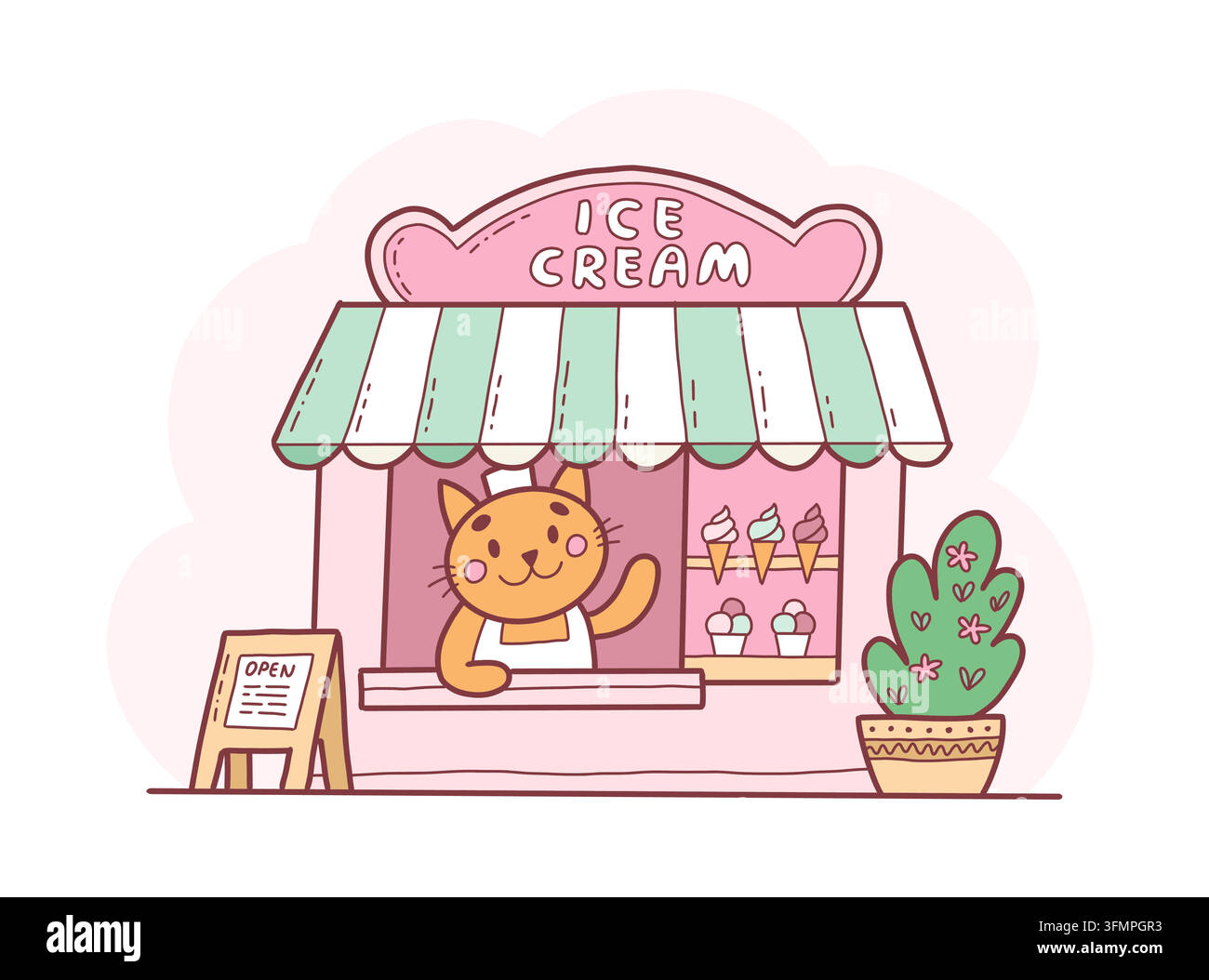 Cute ice cream shop with a cat. Hand drawn kawaii vector illustration ...