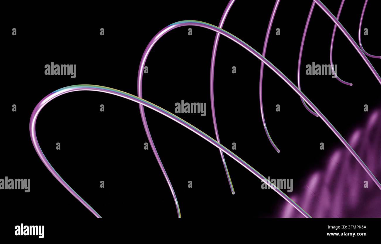 Abstract 3D render of luminous purple and silver curved lines sweeping ...