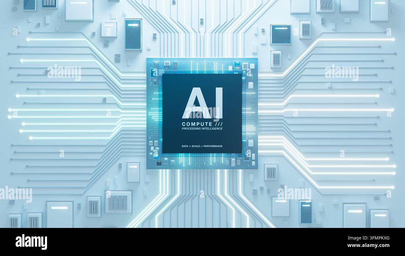 A central AI processor connects to symmetrical glowing circuits across a white electronic board, visualizing data processing and digital technology. Stock Photo