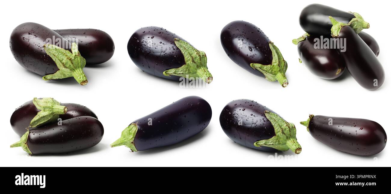 Fresh eggplants with water drops isolated on white, set Stock Photo