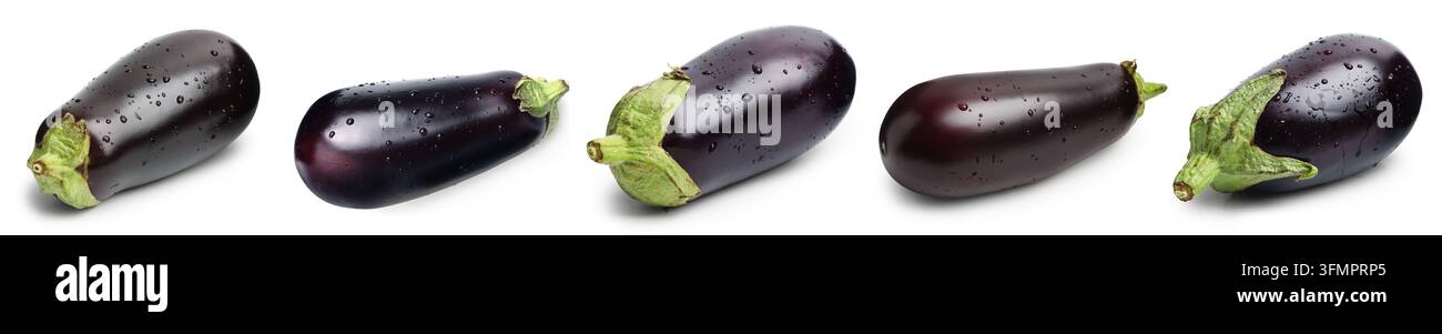 Fresh eggplants with water drops isolated on white, set Stock Photo