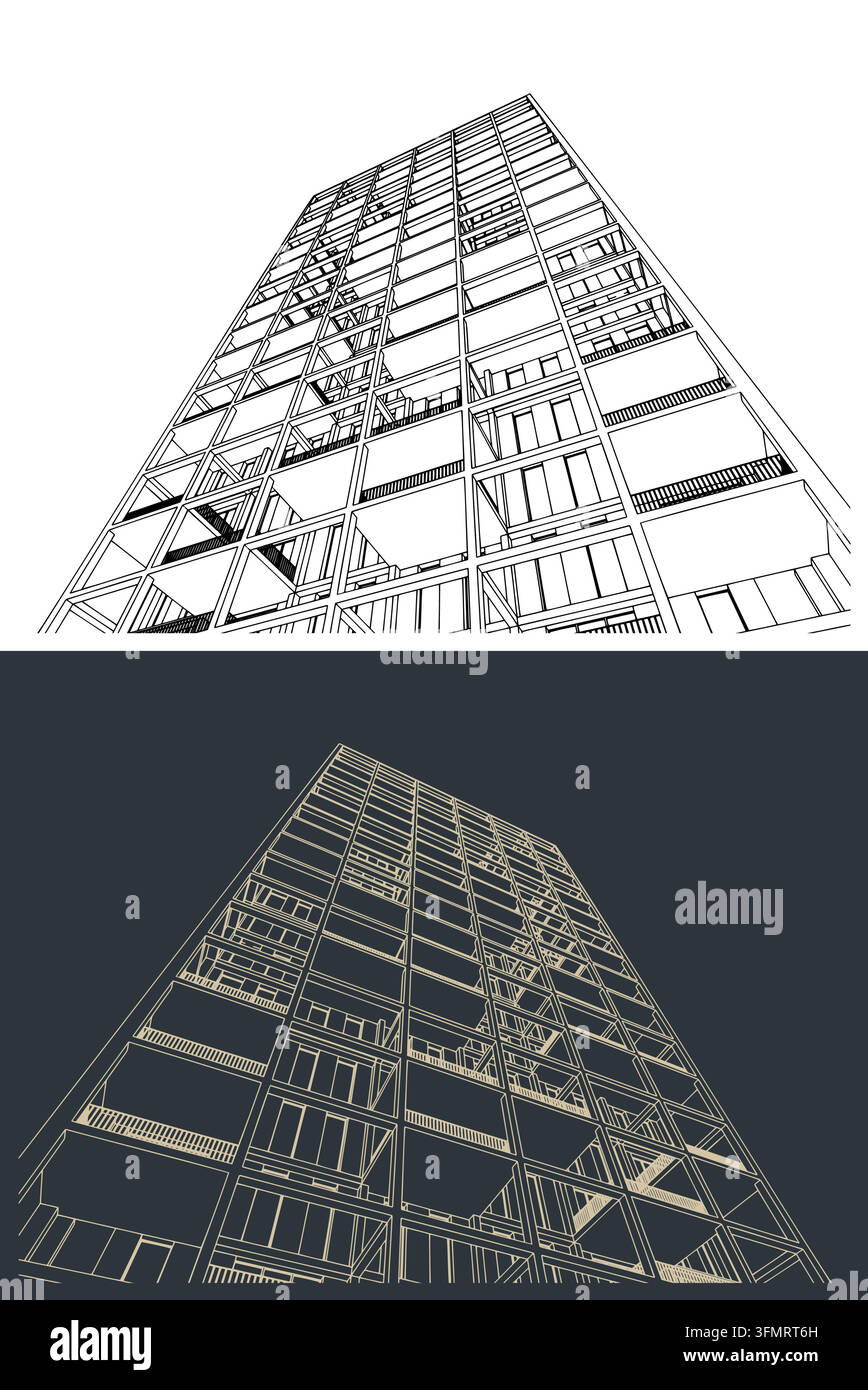 Modern skyscraper from a low angle view. Architectural drawing and geometric sketch pack with black, white and dark grey variations Stock Vector