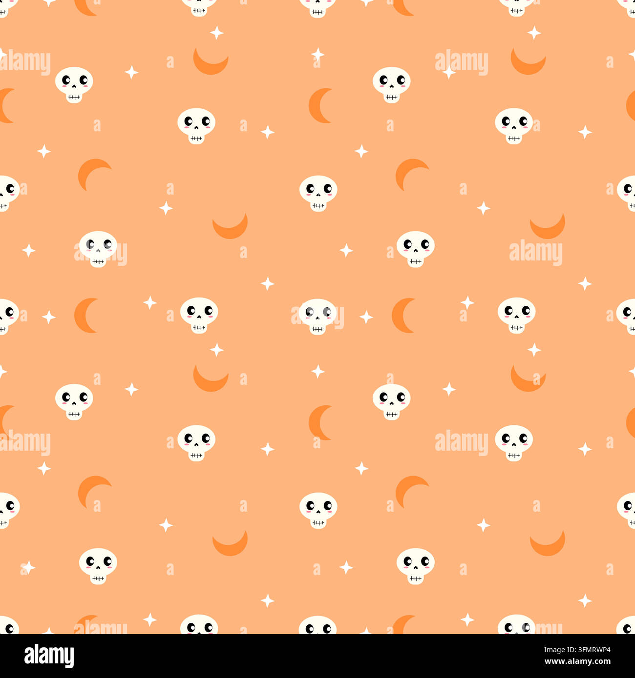 Pastel orange seamless Halloween pattern featuring kawaii skulls, crescent moons and sparkling stars, combining traditional Halloween color with a sof Stock Vector