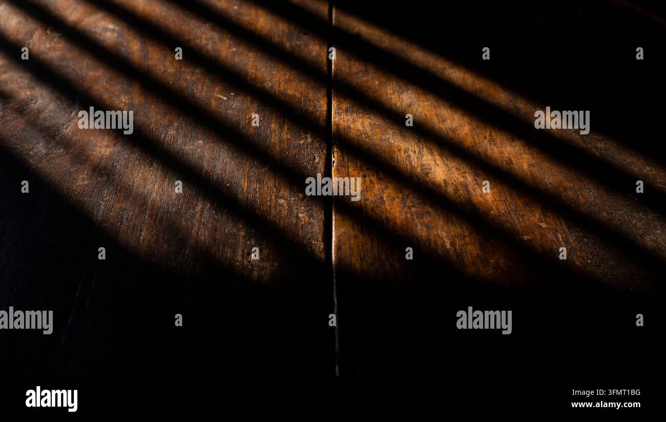 Diagonal Light Shadows On Dark Wooden Surface Background Stock Photo