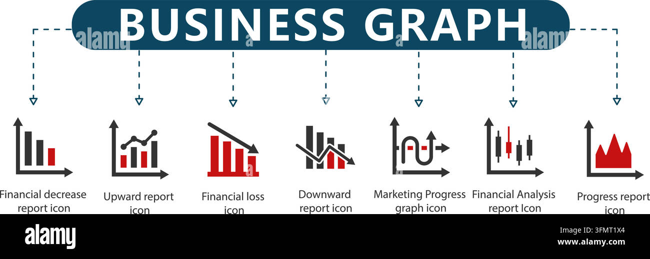 Business graph line icon vector infographic featuring seven outline financial charts including decrease, upward report, loss, and marketing analysis. Stock Vector