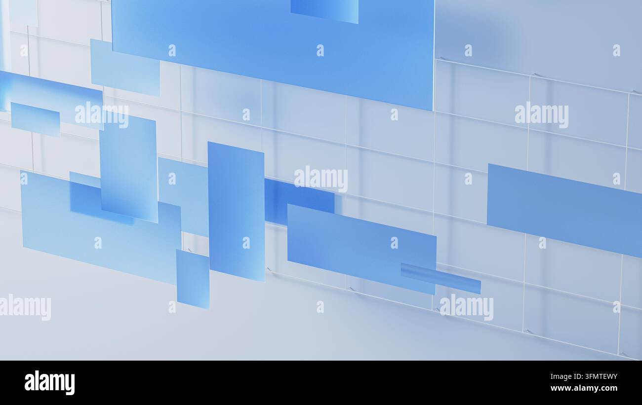 Blue translucent rectangles float across a transparent glass grid in a clean abstract technology background. Stock Photo