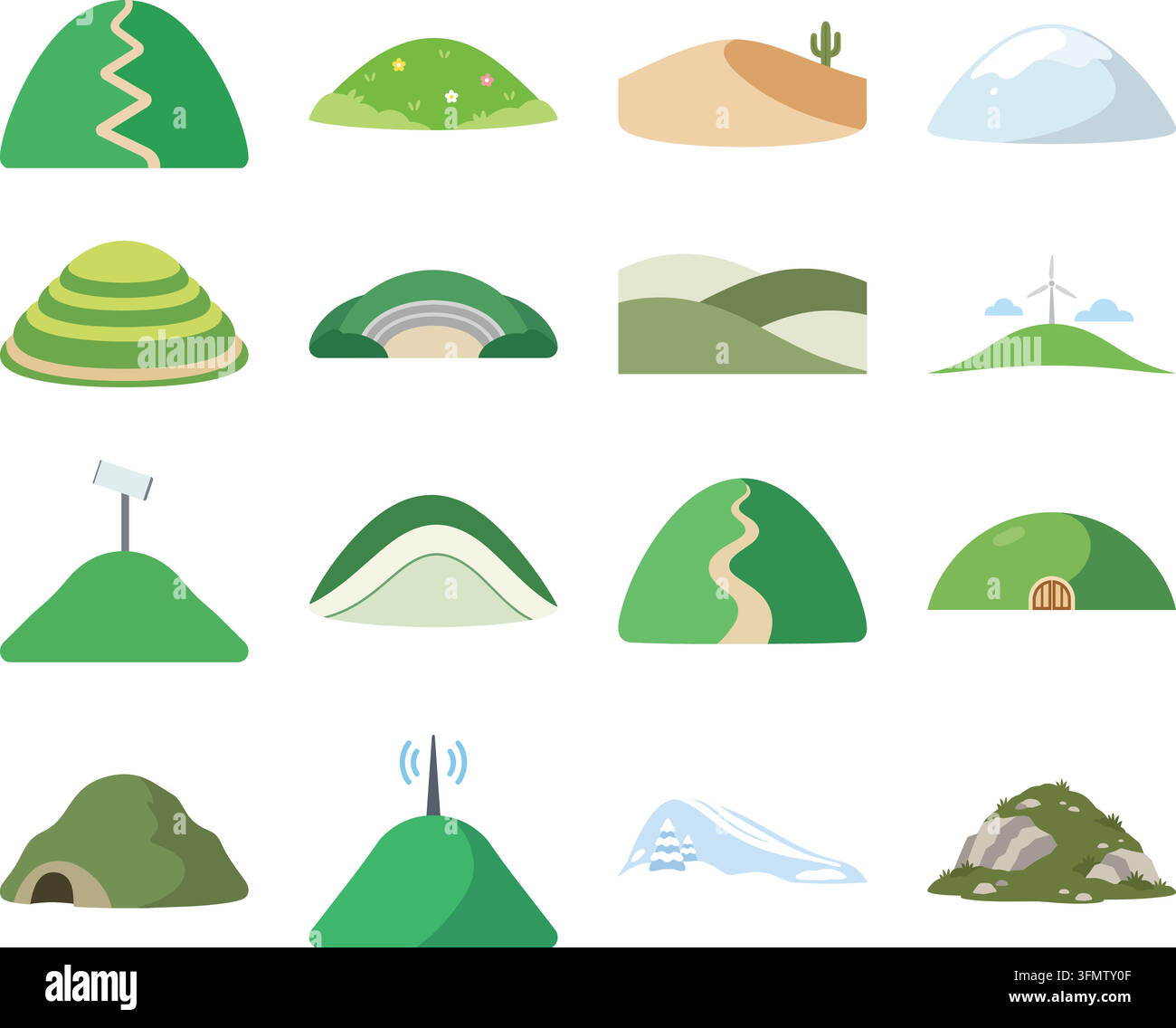 A flat vector illustration set featuring a variety of stylized hills, grassy mounds, dunes, and small landscape forms. Stock Vector