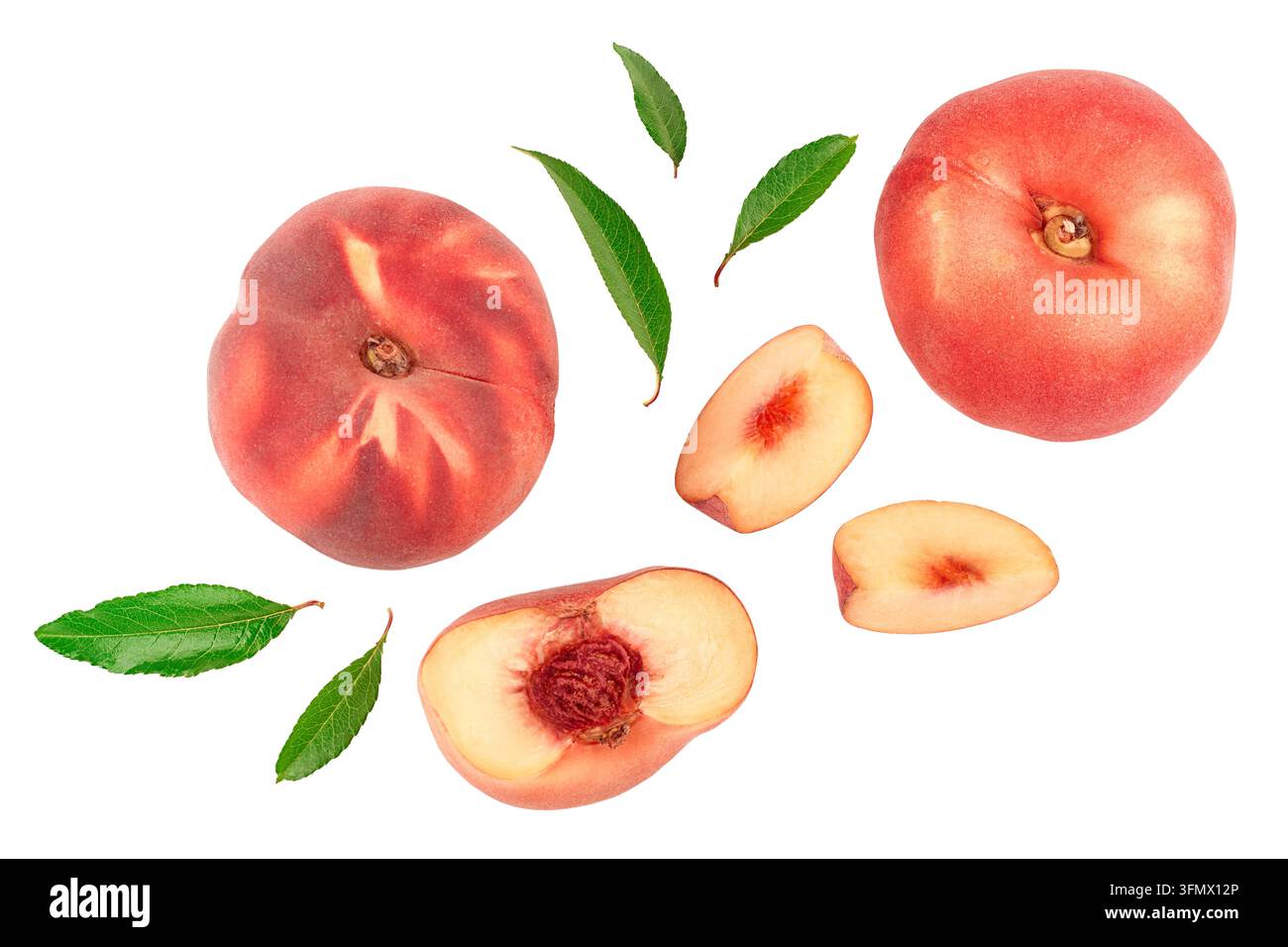 Ripe chinese flat peach fruit and half with leaf isolated on white background. Top view. Flat lay Stock Photo