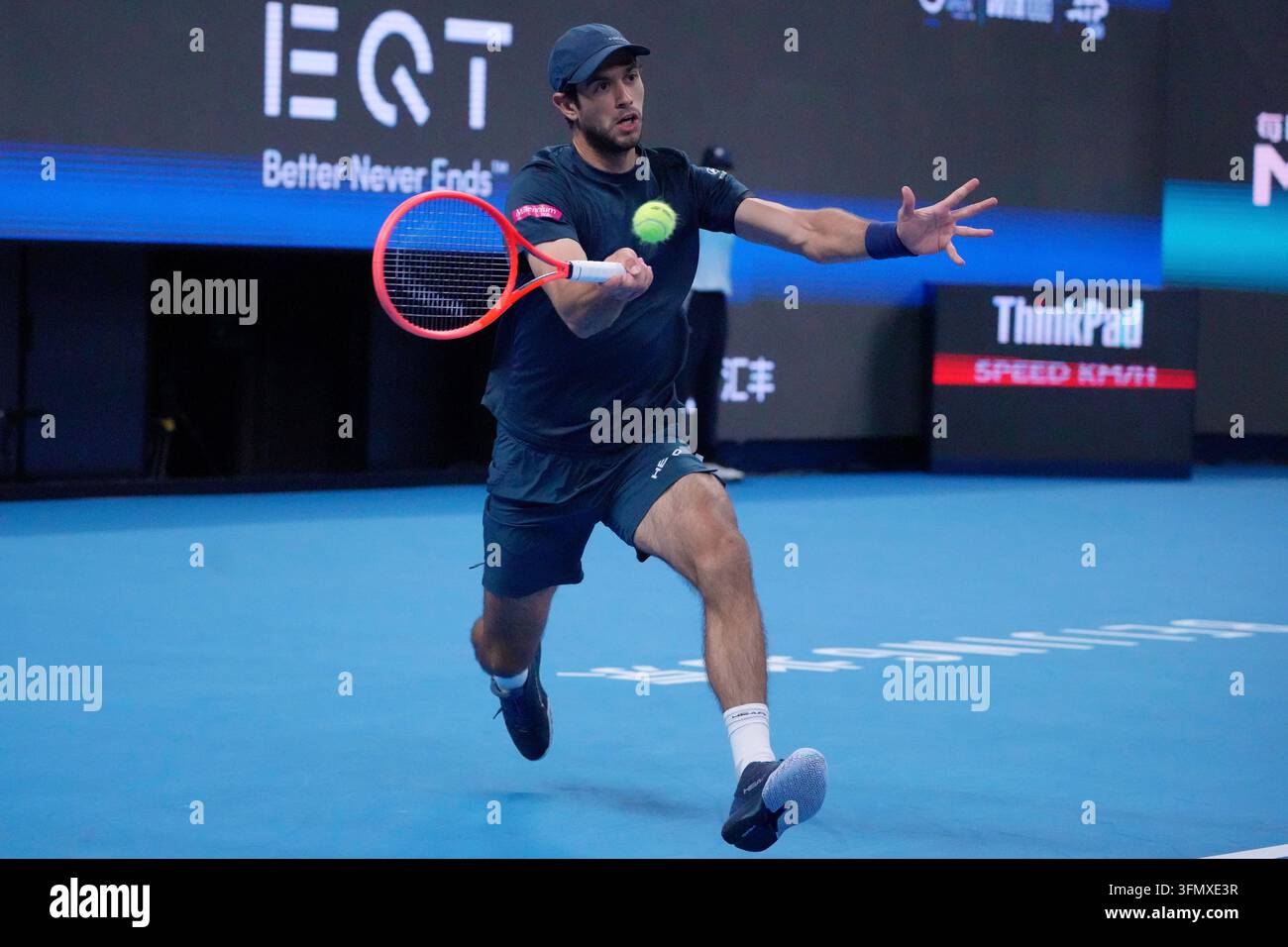 Nuno Borges of Portugal returns a ball to Novak Djokovic of Serbia ...