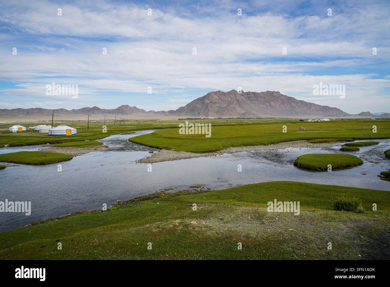 A wide-angle landscape features a winding river flowing through a lush ...