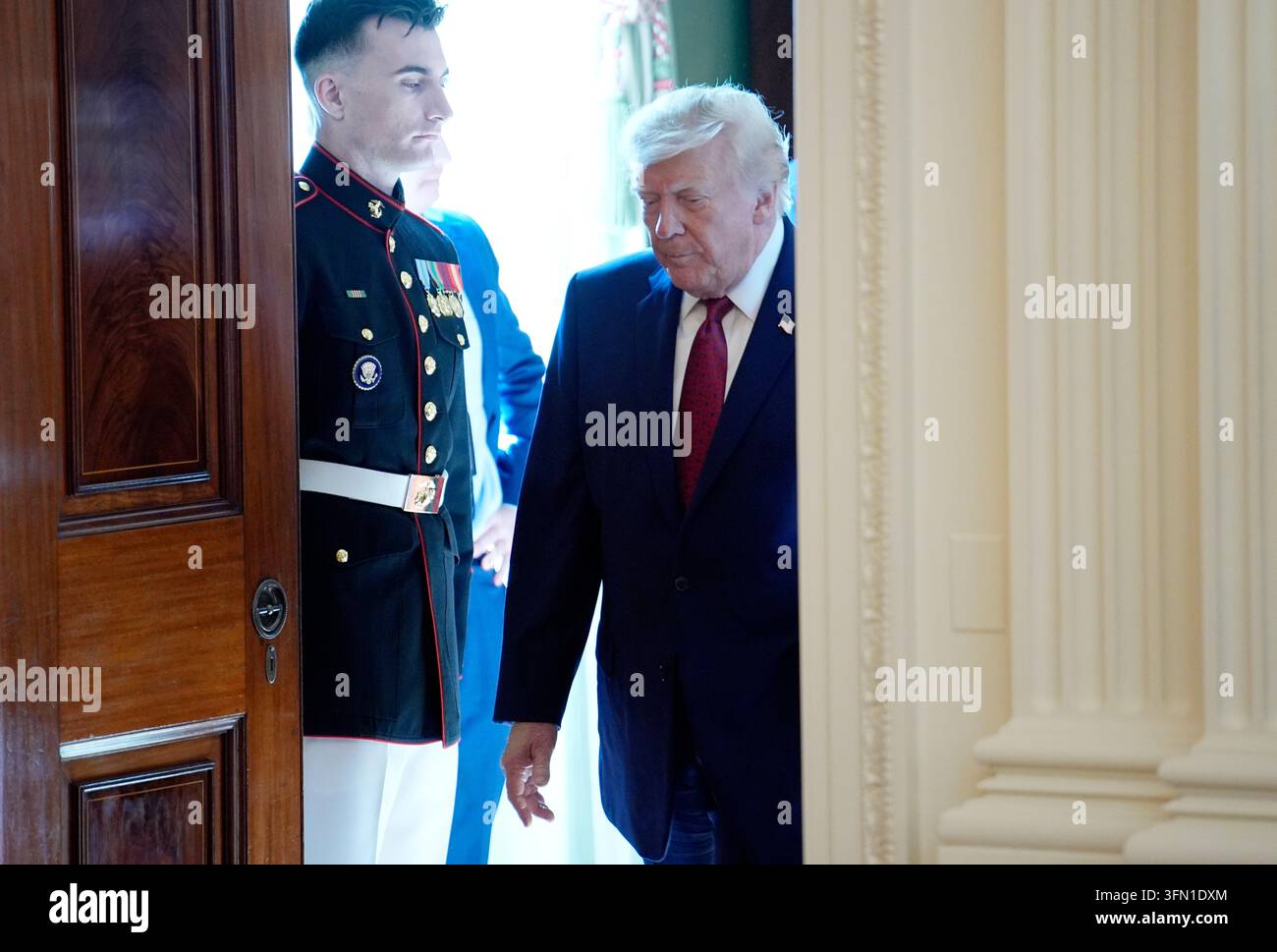 United States President Donald J Trump arrives to speak during the ...