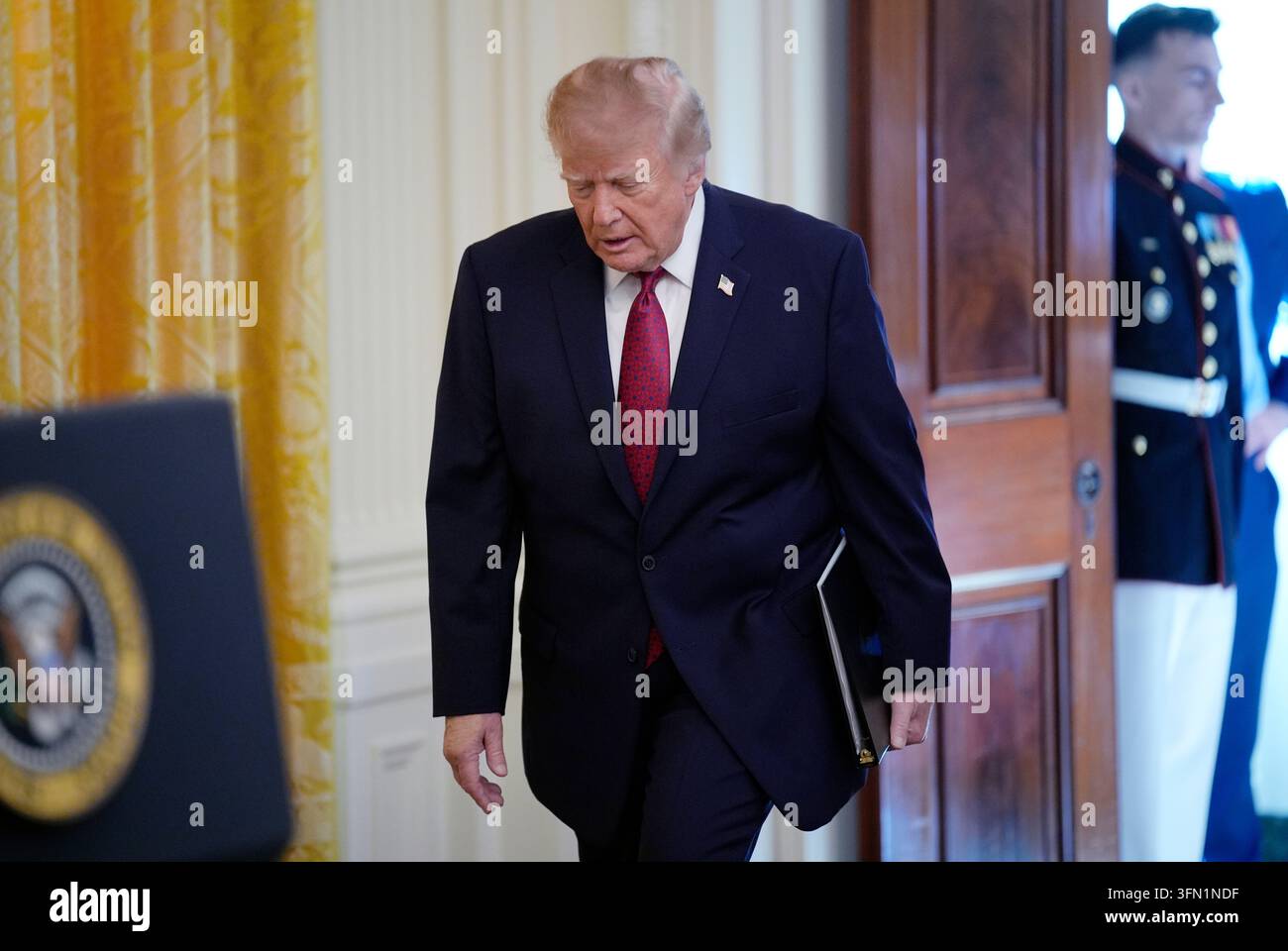 United States President Donald J Trump arrives to speak during the ...