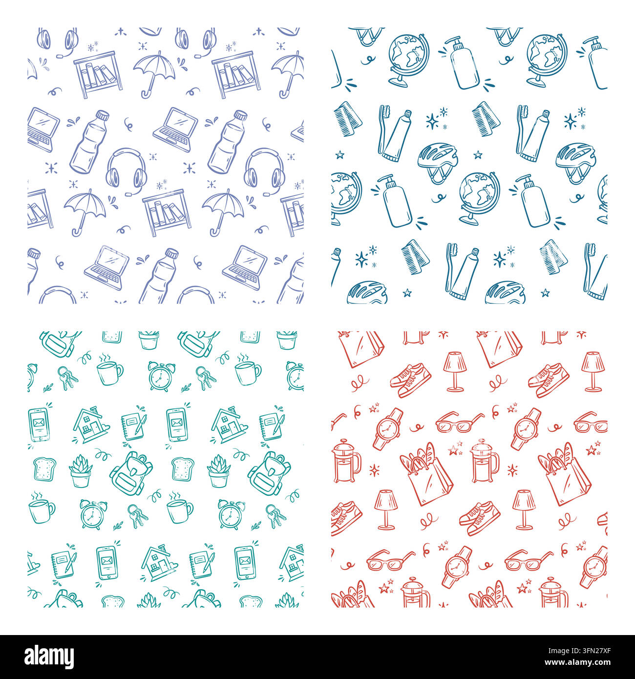 A comprehensive vector collection featuring four distinct hand-drawn seamless patterns. Top-left shows tech and study items in blue. Top-right display Stock Vector