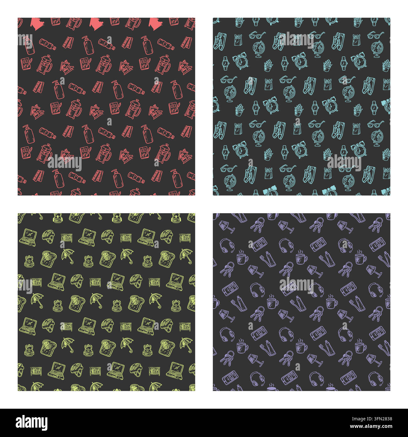 Hand drawn outline everyday objects and lifestyle elements seamless pattern set featuring vibrant neon accents over a dark chalkboard background. Idea Stock Vector