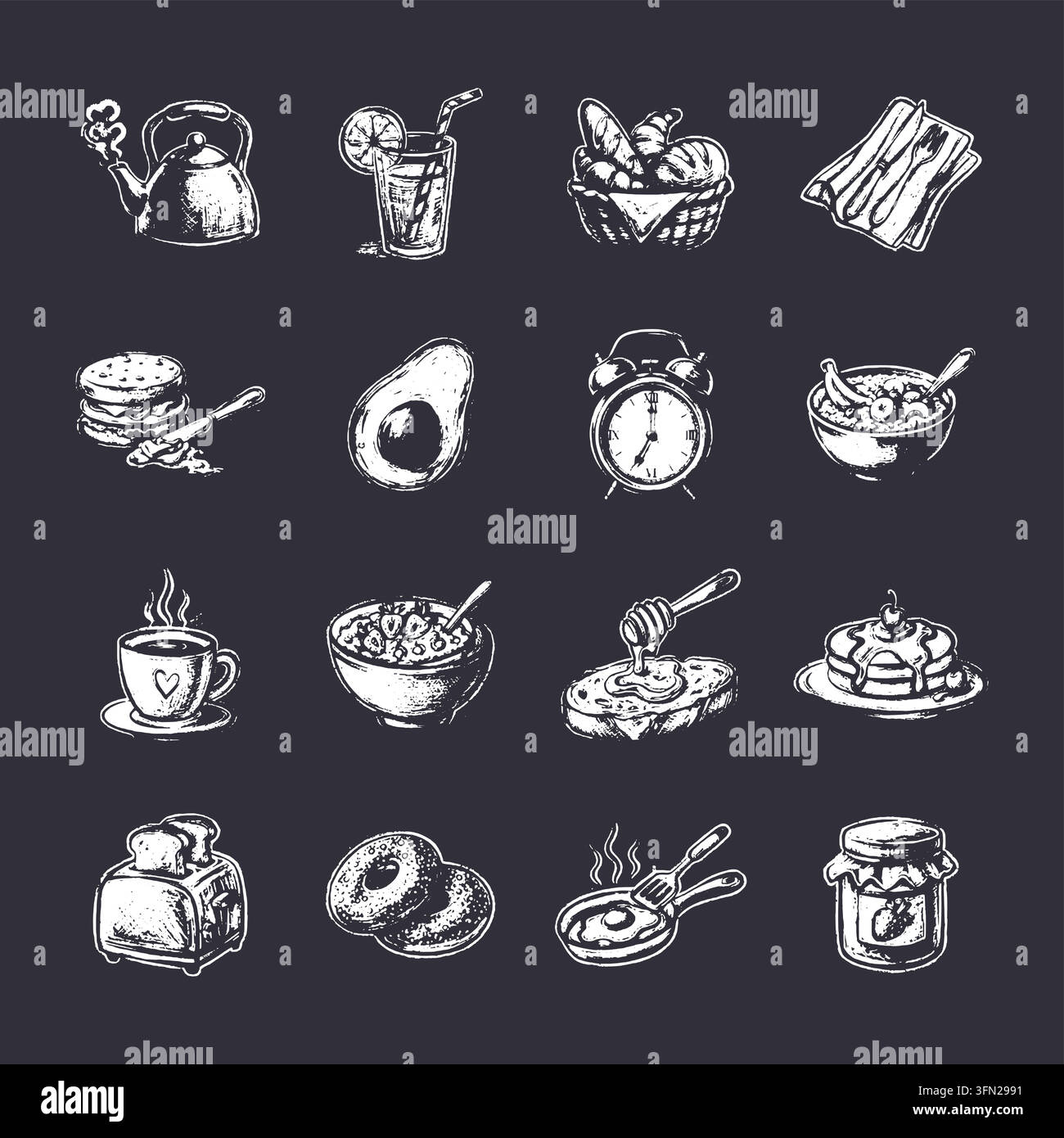 Hand-drawn vector collection of delicious breakfast items, featuring coffee, pancakes, toast, and fresh fruit. Rendered in a textured white chalk styl Stock Vector