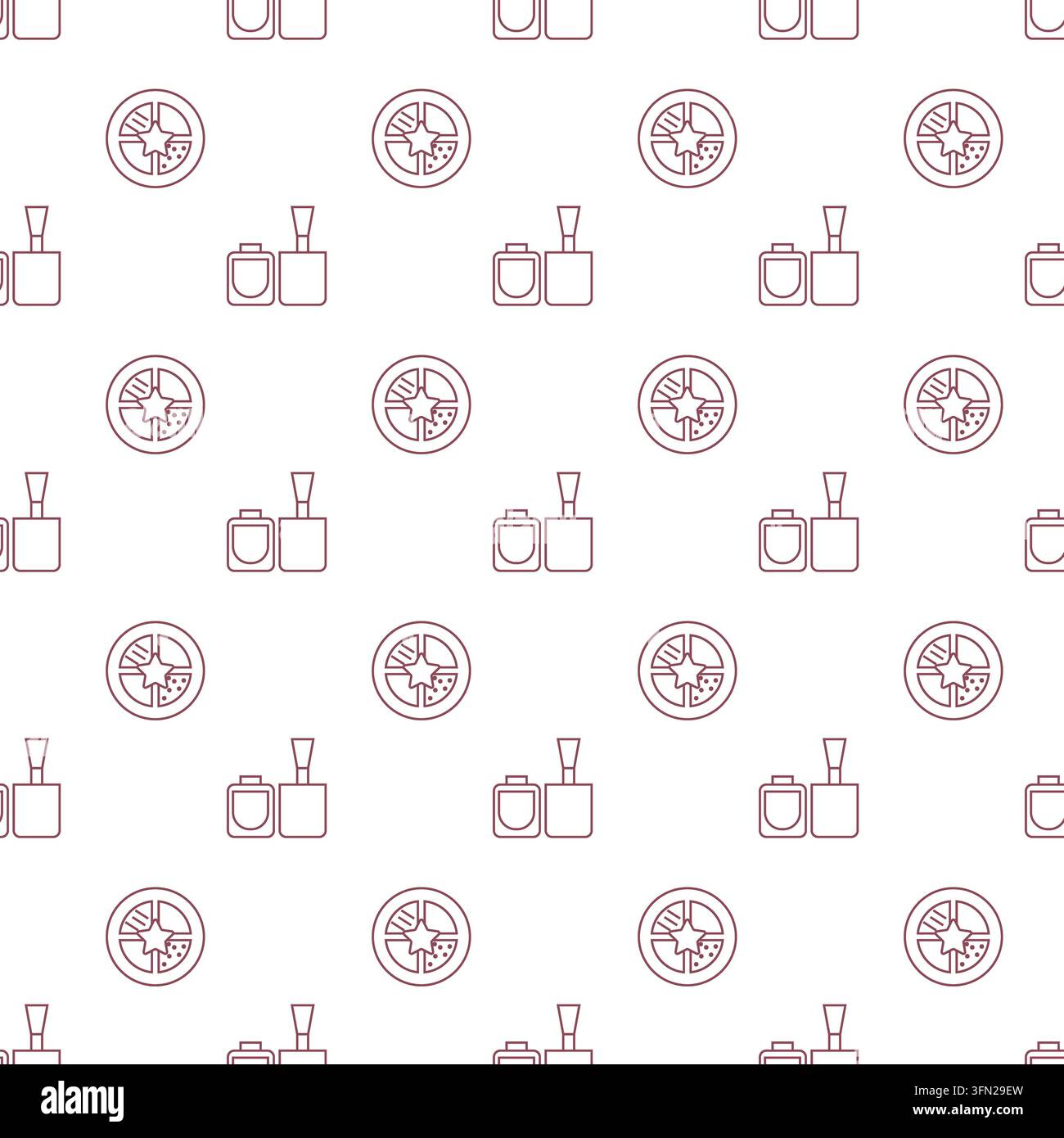 Seamless repeating pattern of outlined food plate and cosmetic bottles ...