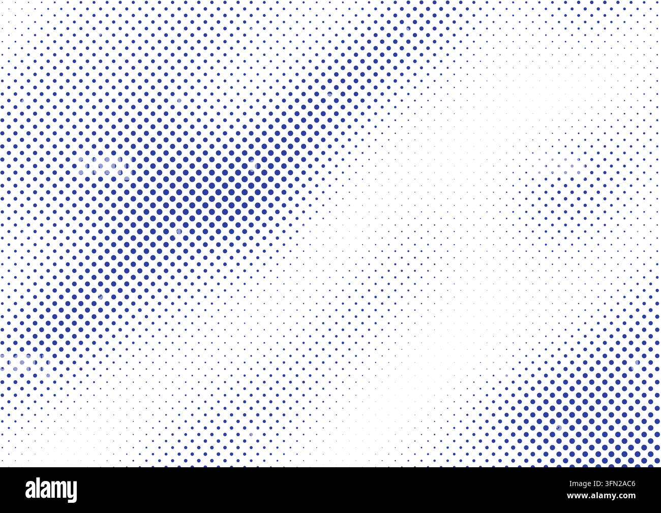 A vibrant blue vector halftone pattern featuring a dynamic diagonal gradient configuration. The dots scale smoothly from dense clusters to sparse layo Stock Vector