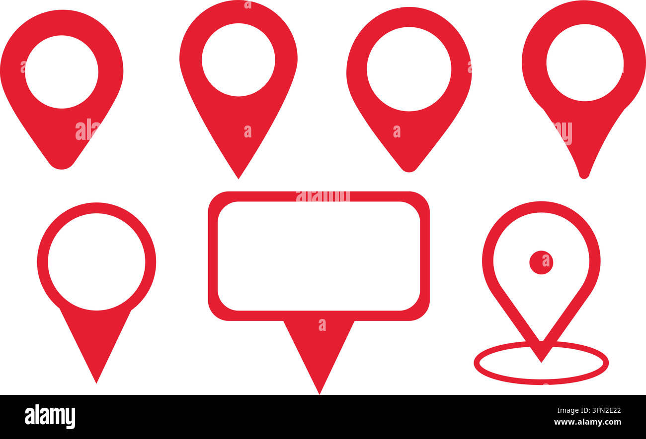 Map pin vector set featuring seven red location markers, pointer icons ...