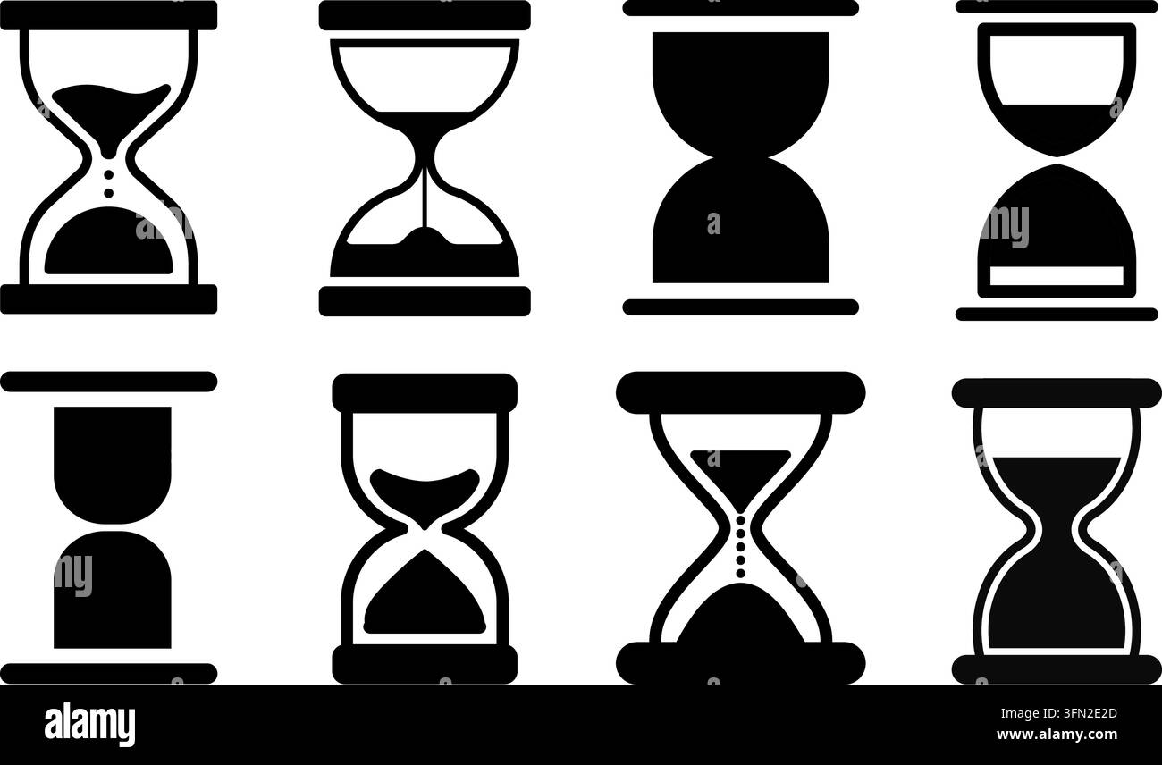 Hourglass vector icon set featuring eight black silhouette sand timers ...