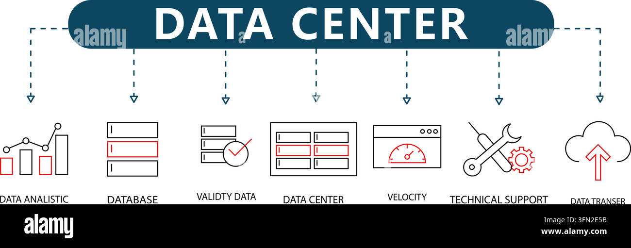 Data center vector infographic featuring seven black and red outline ...