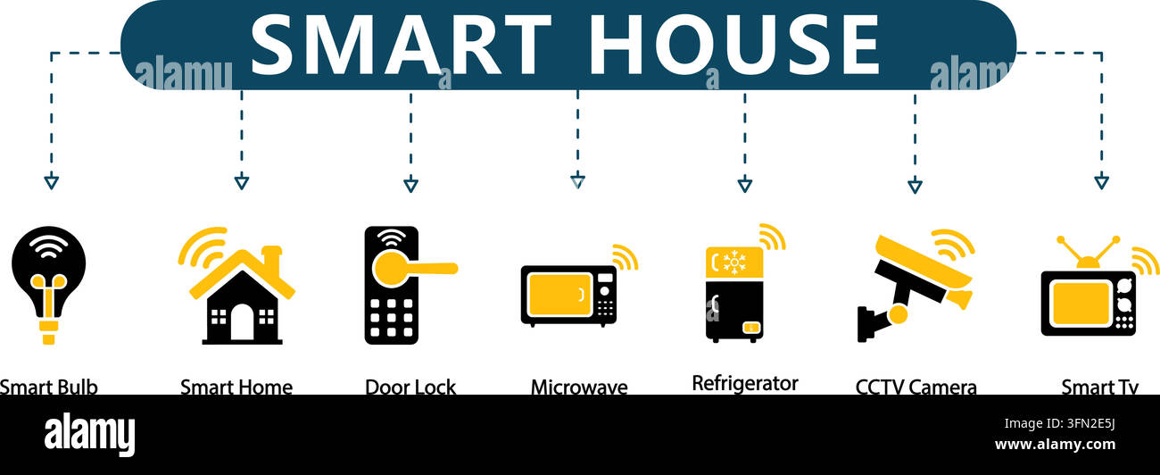 Smart house vector infographic featuring seven black and yellow icons ...