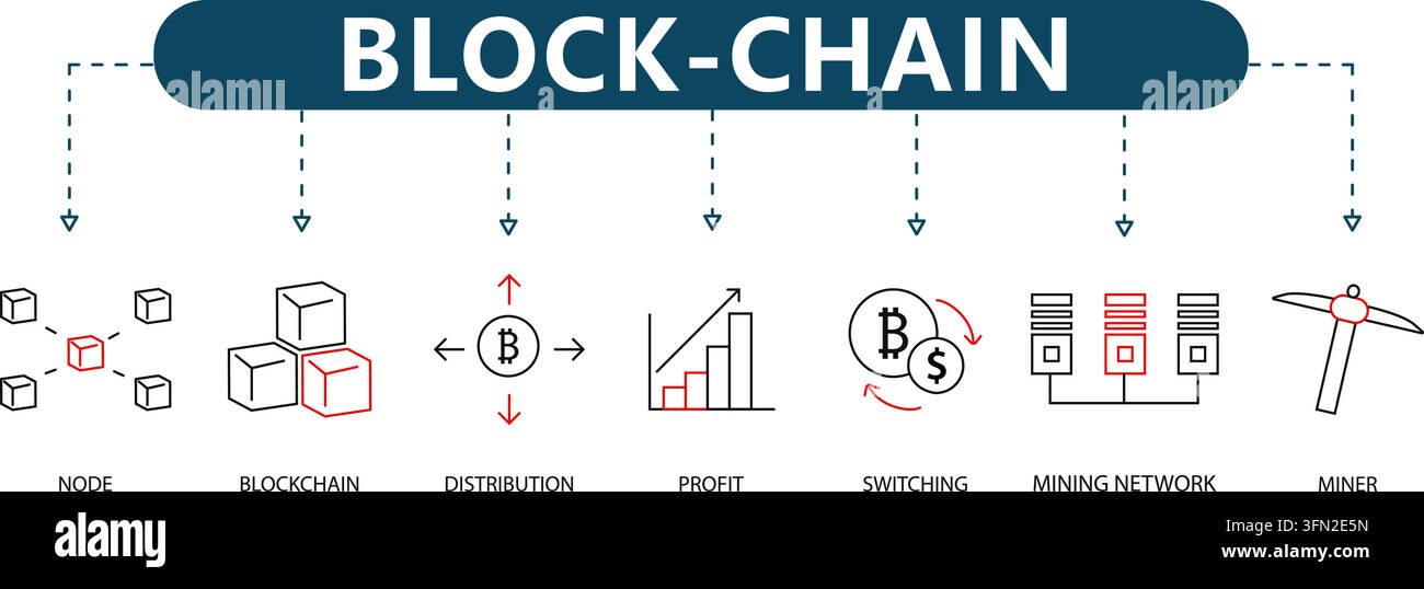 Blockchain vector infographic featuring seven black and red outline ...