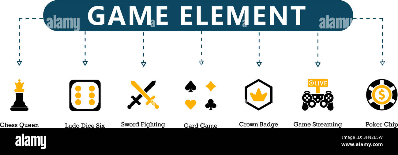 Game element vector infographic featuring seven black and yellow gaming ...